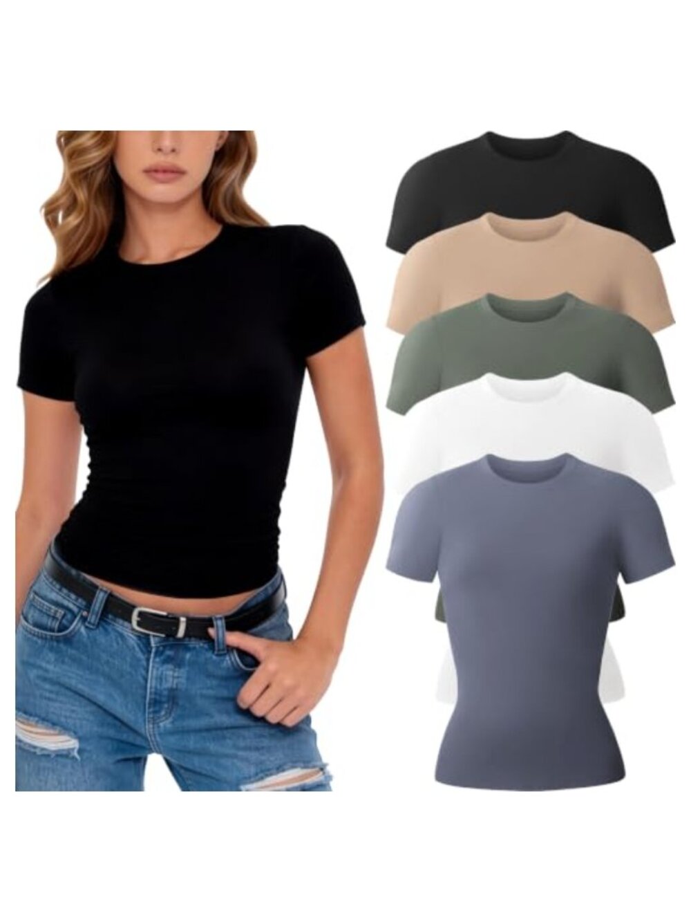 Womens Crew Neck Short Sleeve T-Shirts Stretchy Fitted Basic Tee Tops